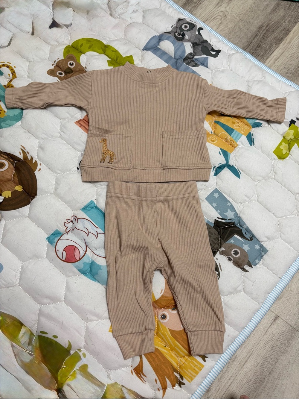 petite jolie Beige Ribbed Kids Pajama Set with Giraffe Accent